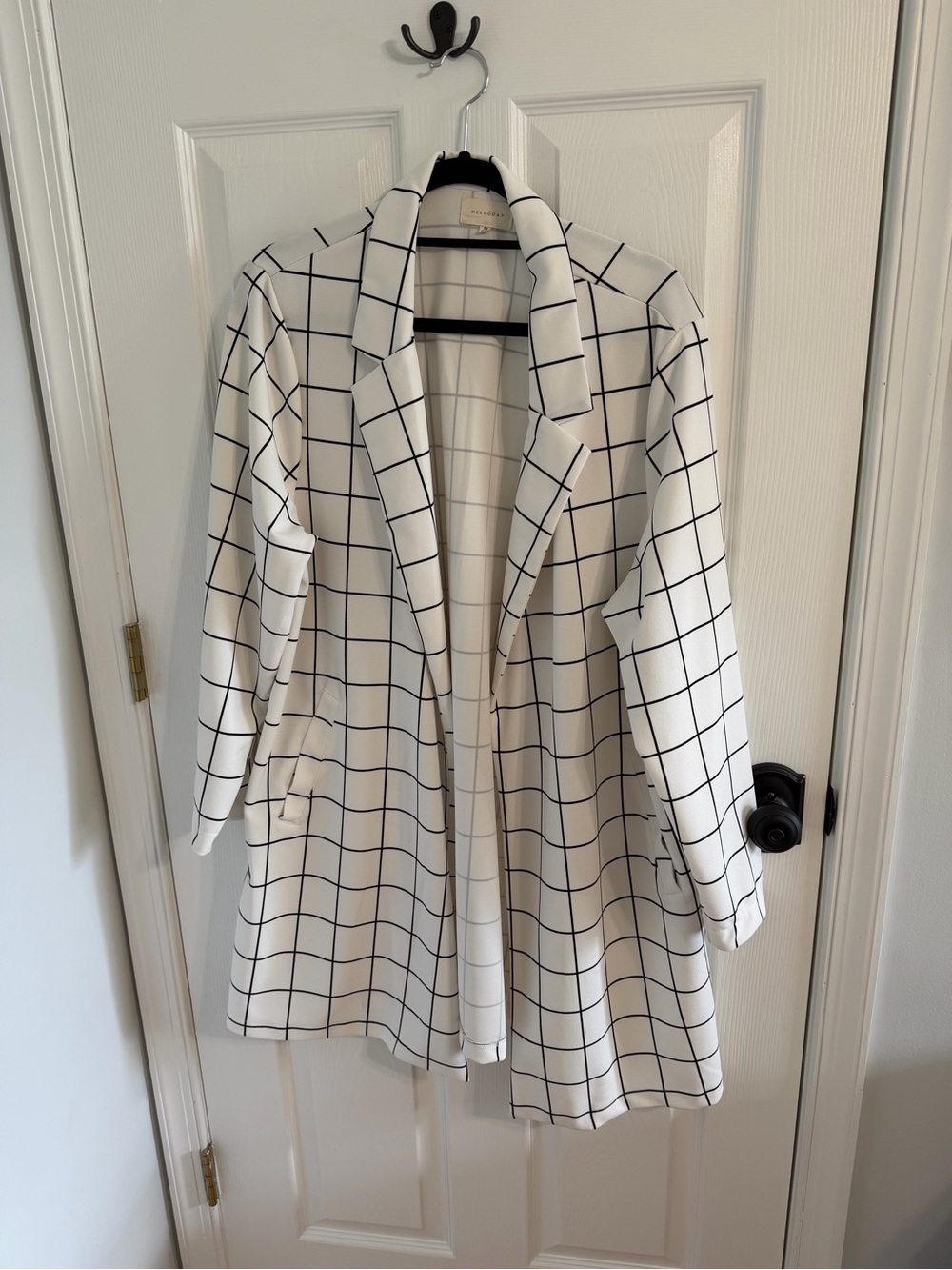 Melloday Windowpane Open-Front Long Blazer Jacket - White/Black 2X EUC